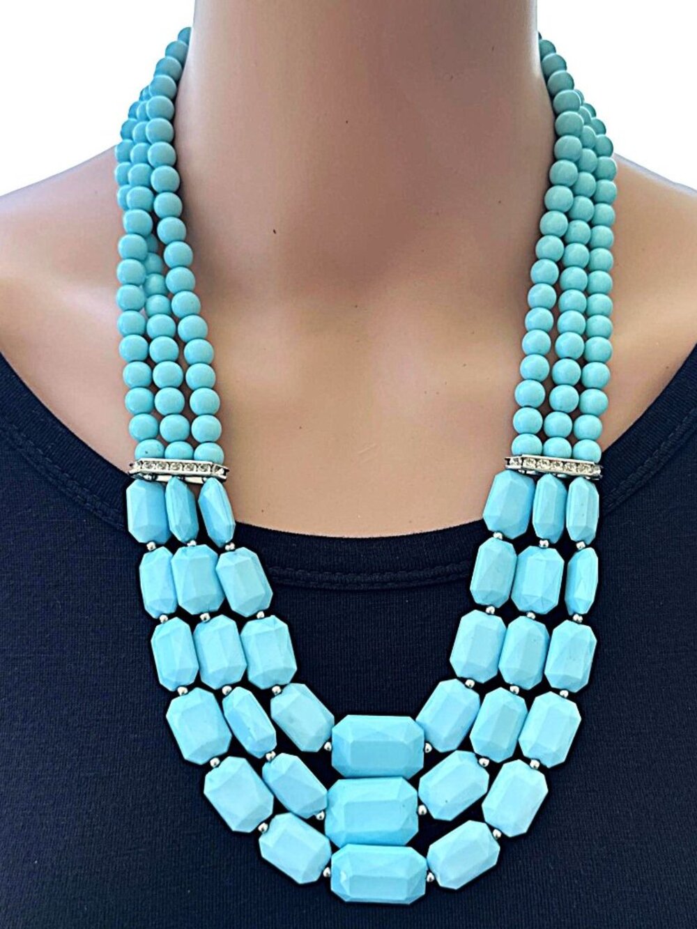 Triple Strand Beaded Necklace Blue Silver Tone Chunky Statement